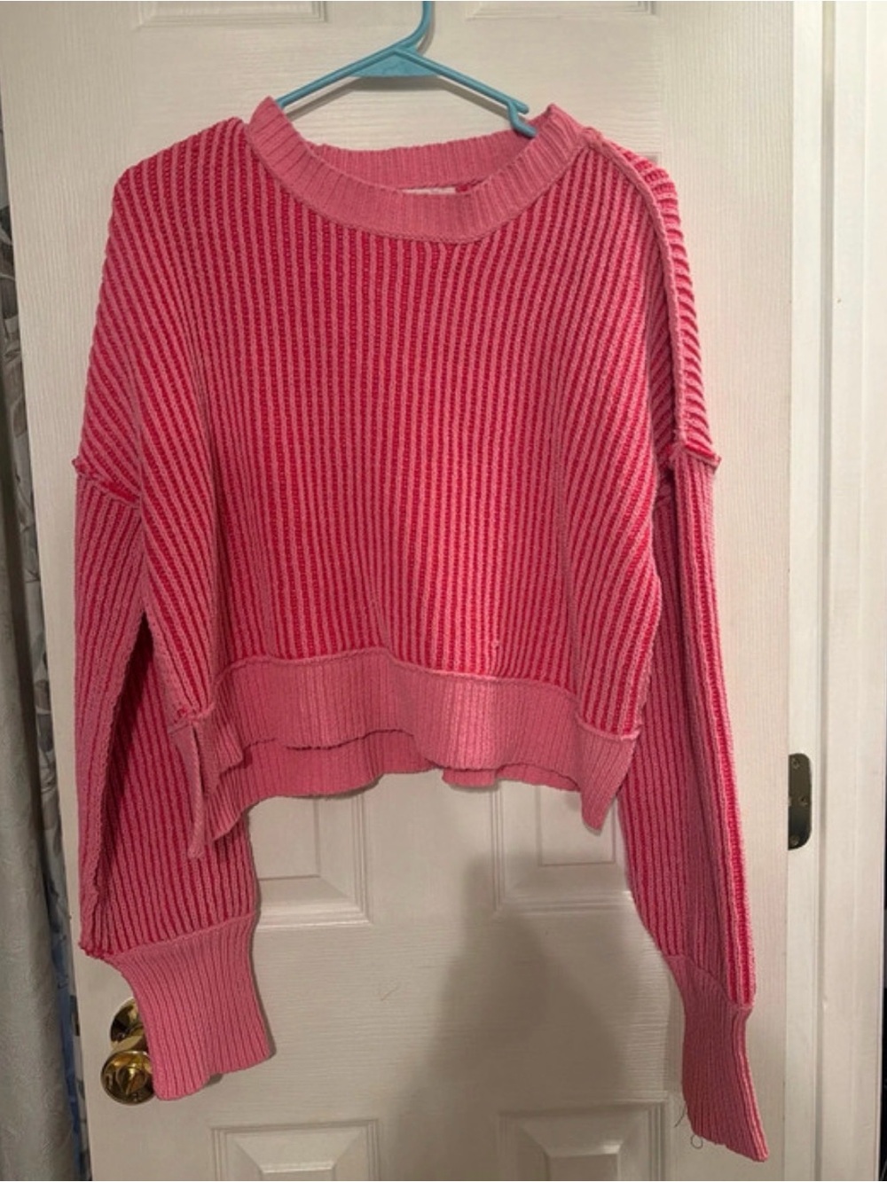 Cropped Ribbed Crewneck Sweater - Bright Pink